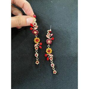 Red flower earrings , red rose gold vine flower chandelier long rhinestone